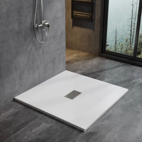 Design Duschwanne Weiß Steinoptik Edelstahl Abflussrinne 100x100 cm