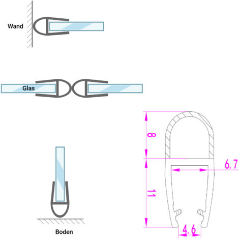 Ersatzdichtung Duschtürdichtung Ballon-/Streifdichtung für Falttür Schwingtür Glasstärke 7 mm 8 mm Länge 200 cm