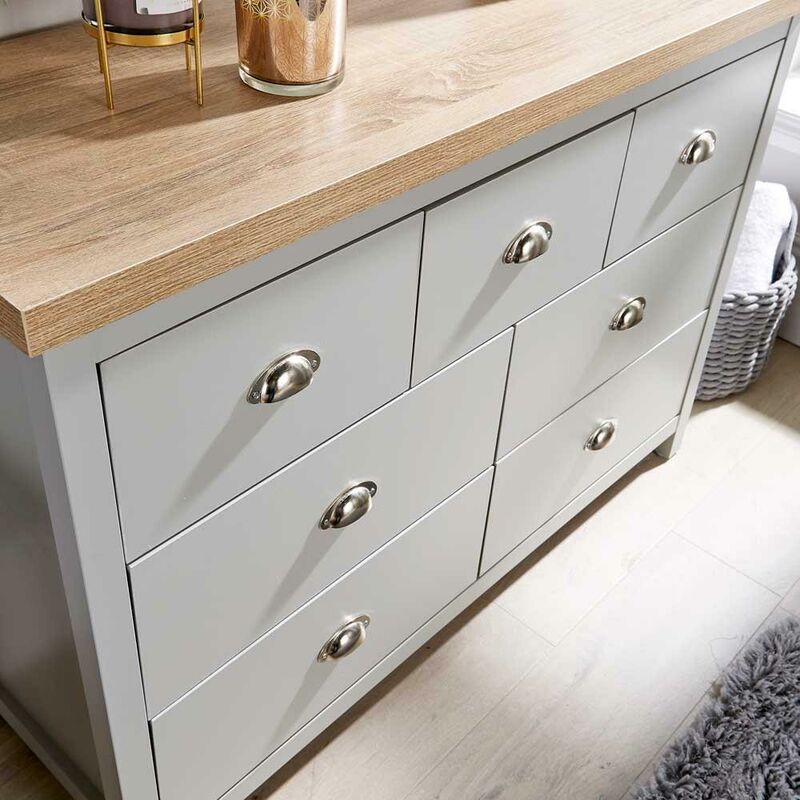 Grey Oak Wide 7 Drawer Chest of Drawers Storage Metal Cup Handles