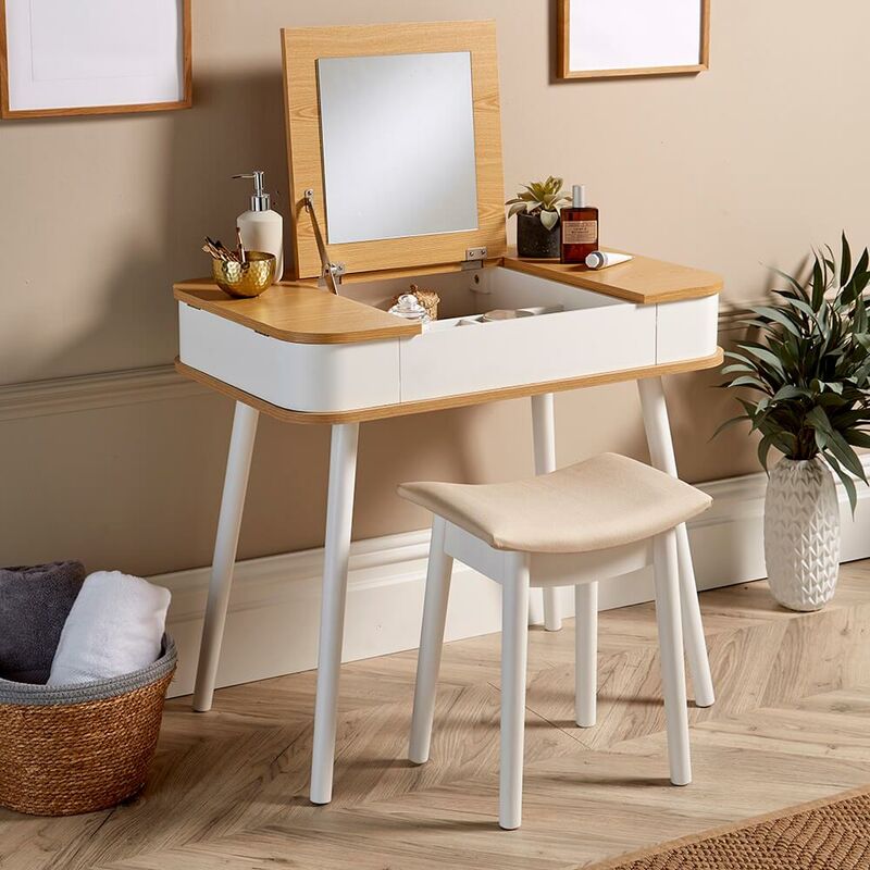 Square Mirror Makeup Desk Padded Stool, Vanity Desk Set With Mirror
