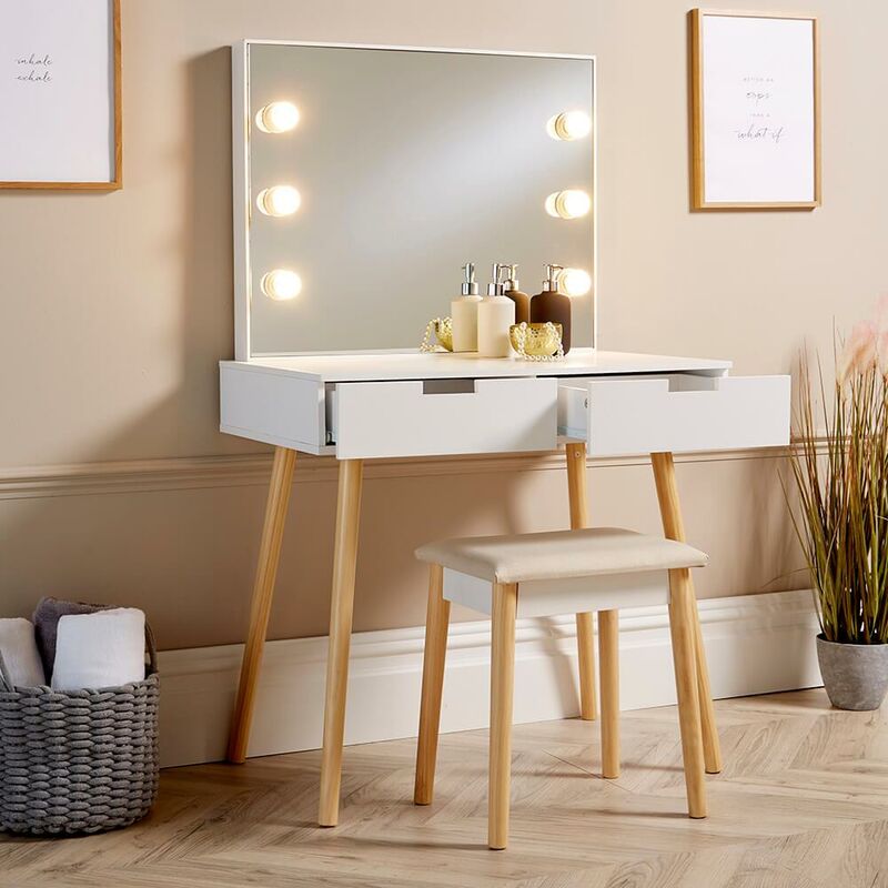 2 Drawer Vanity Set Mirror Light, Desk Vanity Table With Mirror