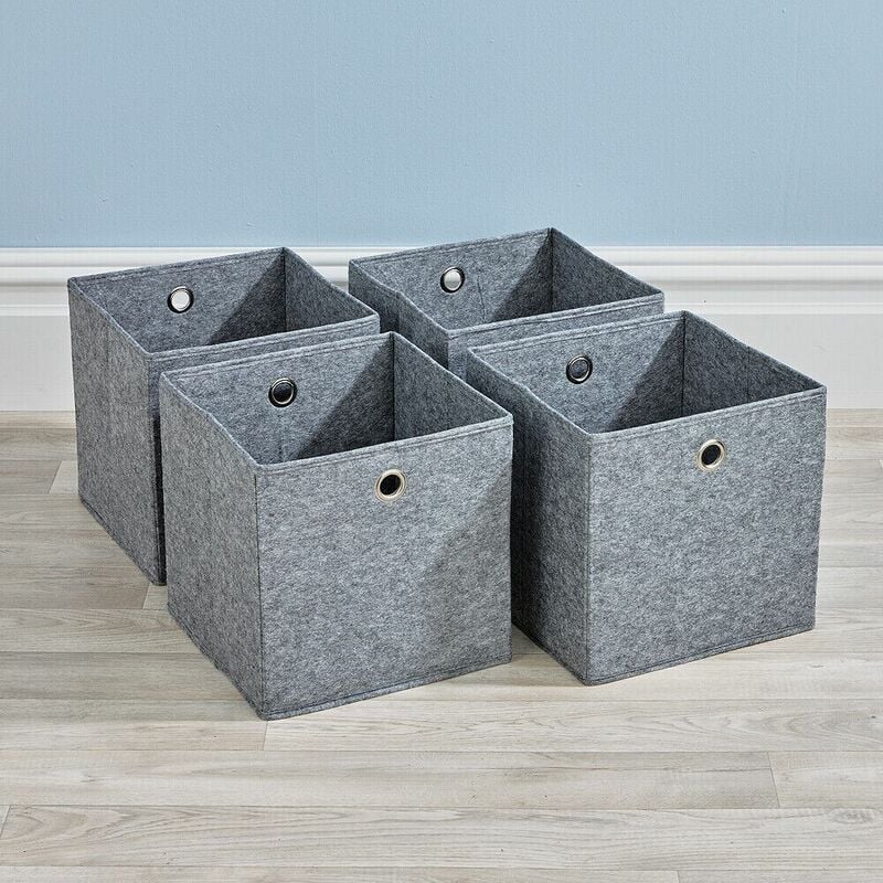 Folding Grey Felt Square Storage Utility Box Fabric Cube 4pc Basket Set Box