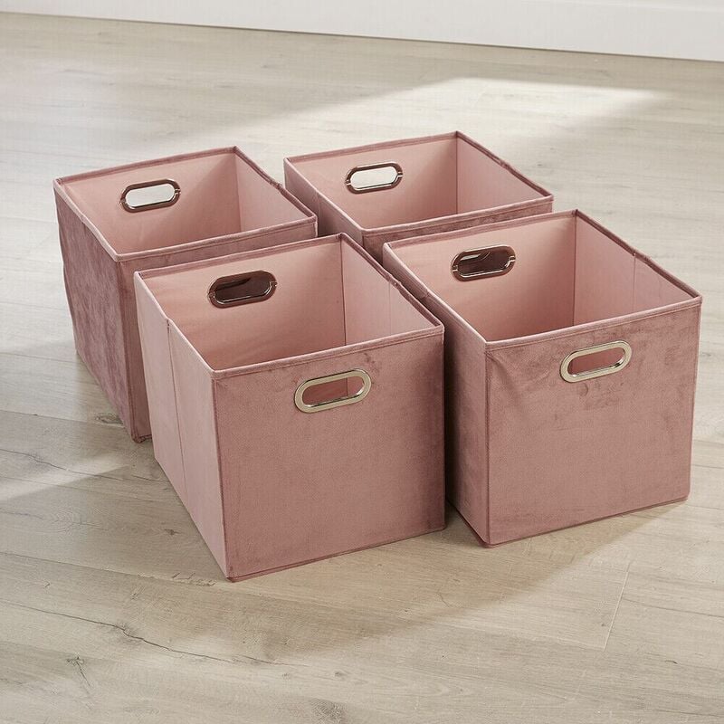 Folding Flat Velvet Blush Square Storage Utility Box Fabric Cube 4pc Basket Set - Large Pink