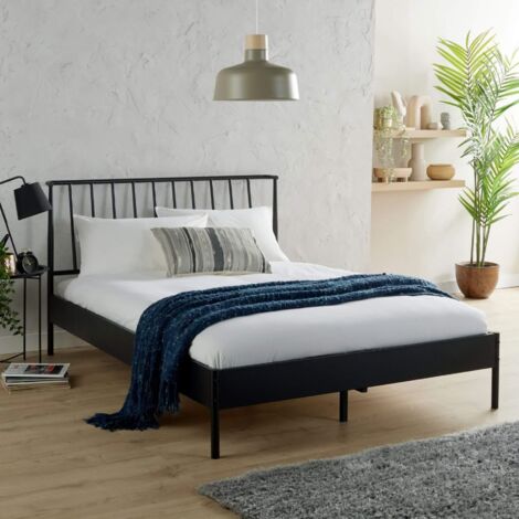 Double Black Metal Bed Frame with Headboard Home Bedroom Furniture Wooden Slats