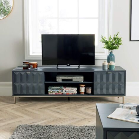 TV Stand Cabinet Storage Unit High Gloss Grey 2 Door Entertainment Unit Stand
