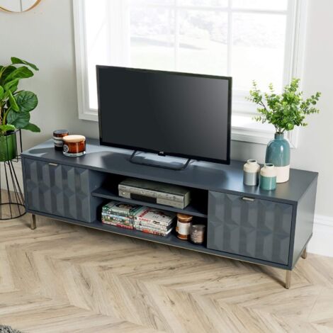 TV Stand Cabinet Storage Unit High Gloss Grey 2 Door Entertainment Unit Stand