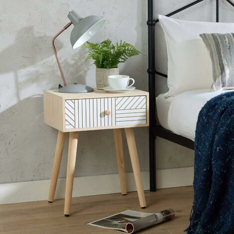 Bedside Table 1 Drawer Carving Design Pine Scandi Wooden Legs Bedroom Furniture (1/5)