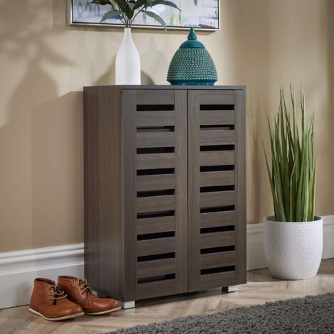 2 Door Dark Brown Wooden Shoe Storage Cabinet Rack Stand Cupboard Slatted Doors