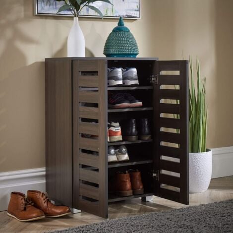 2 Door Dark Brown Wooden Shoe Storage Cabinet Rack Stand Cupboard Slatted Doors
