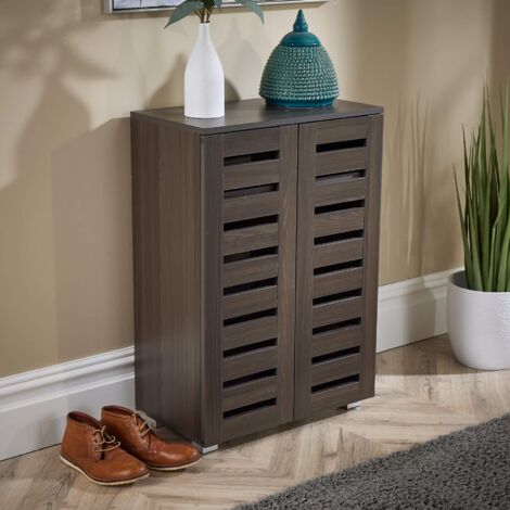 2 Door Dark Brown Wooden Shoe Storage Cabinet Rack Stand Cupboard Slatted Doors