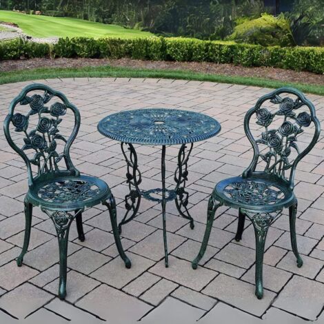 Green Bistro Set Outdoor Patio Garden Furniture Table and 2 Chairs Metal Frame (1/5)