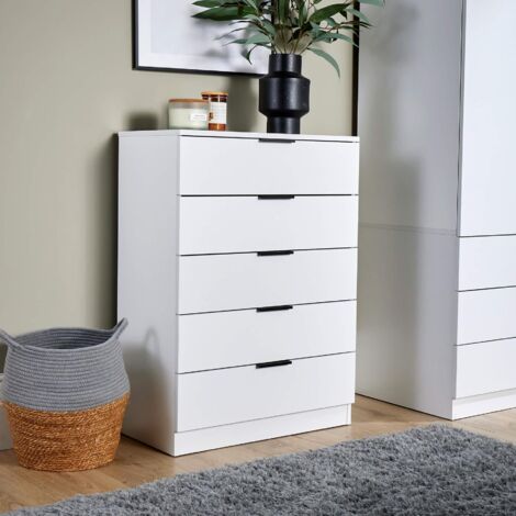 Chest 5 Drawers White Bedroom Furniture Clothing Bedside Storage Organiser Unit