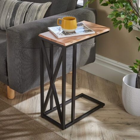 C Shaped Side End Table Mang Wood Top Iron Frame Home Living Furniture Storage (1/5)