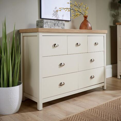 Wide 7 Drawer Chest of Drawers White Oak Storage Metal Cup Handles Two Tone