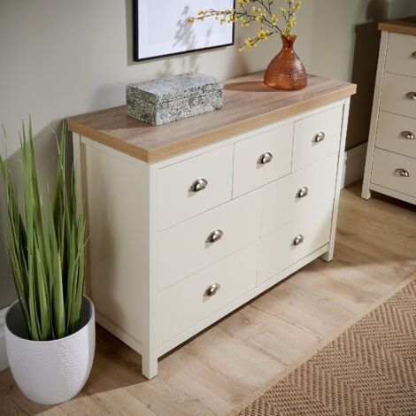 Wide 7 Drawer Chest of Drawers White Oak Storage Metal Cup Handles Two Tone