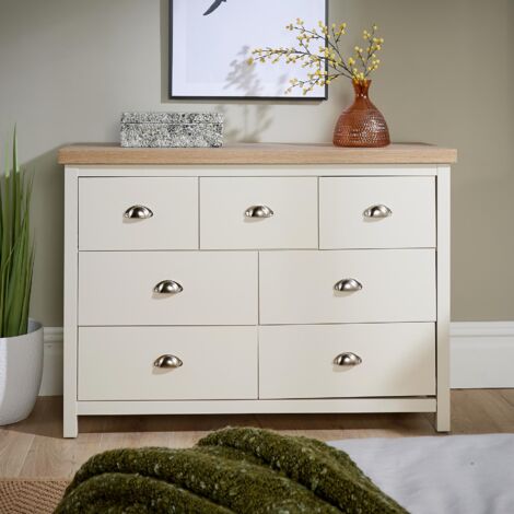 Wide 7 Drawer Chest of Drawers White Oak Storage Metal Cup Handles Two Tone