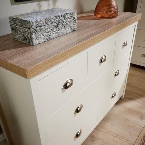 Wide 7 Drawer Chest of Drawers White Oak Storage Metal Cup Handles Two Tone