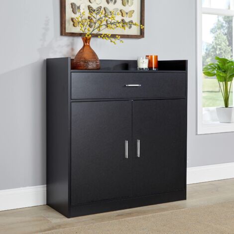 Modern 2 Door Black Shoe Cabinet Storage Organiser Compact Space Saver Hallway