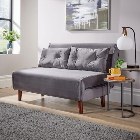 Double Sofa Bed Folding Chair Velvet Grey Wooden Legs Two Pillow Home Furniture (1/5)