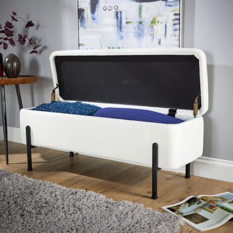 Storage Ottoman White Boucle Teddy Fur Metal Legs Compact Bench Furniture Seat (1/5)