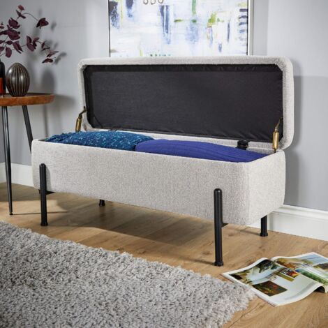 Storage Ottoman Grey Boucle Teddy Fur Metal Legs Compact Bench Furniture Seat