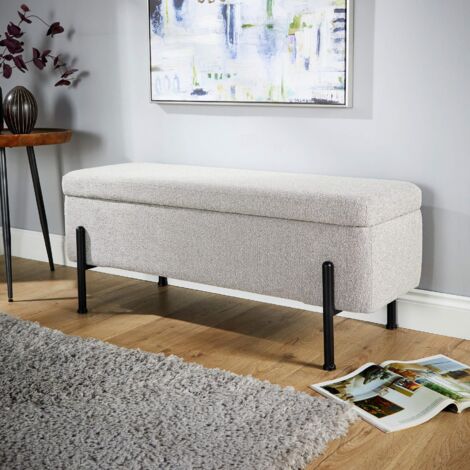 Storage Ottoman Grey Boucle Teddy Fur Metal Legs Compact Bench Furniture Seat