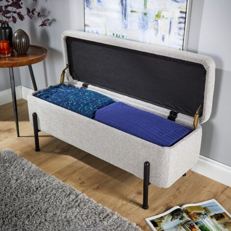 Storage Ottoman Grey Boucle Teddy Fur Metal Legs Compact Bench Furniture Seat