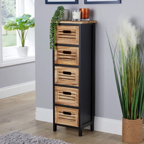 Solid Wooden Storage Chest 5 Drawers Black Oak Effect Organiser Fully Assembled