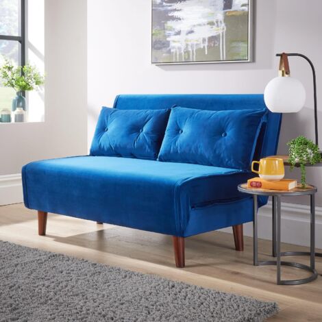 Double Sofa Bed Folding Chair Velvet Blue Wooden Legs Two Pillow Home Furniture (1/5)