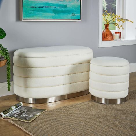 Set 2 Storage Ottoman White Boucle Teddy Fur Footstool Furniture Bench Storage (1/5)