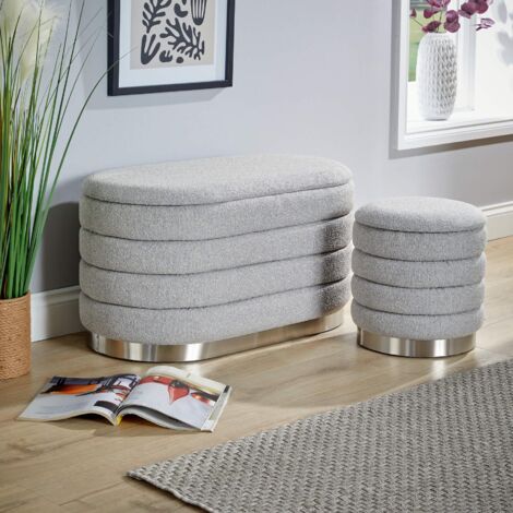 Set 2 Storage Ottoman Grey Boucle Teddy Fur Footstool Furniture Bench Storage