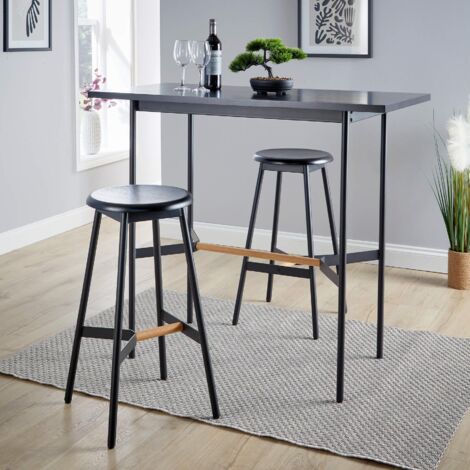 Bar Table Stool Set 120cm Black Metal Frame Solid Oak Crossbar Kitchen Diner