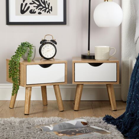 Pair Of Bedside Cabinets Oak White 1 Drawer Bedroom Side Table Wooden Legs (1/5)