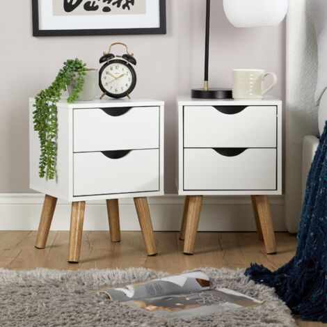 Pair Of Bedside Cabinets White 2 Drawer Bedroom Side Table Wooden Legs Modern (1/5)