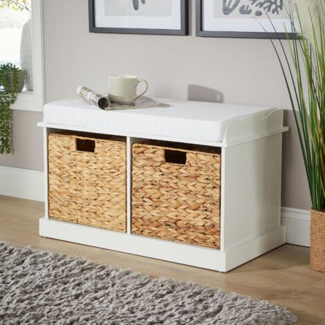 Hallway Storage Bench 2 Woven Drawers Padded Cushioned Top White Wooden Frame (1/5)