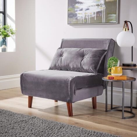 Single Sofa Bed Folding Chair Velvet Grey Wooden Legs One Pillow Home Furniture (1/5)