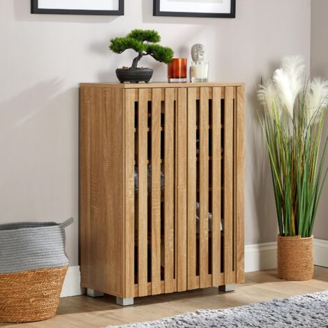 Two-Door Oak Shoe Cabinet with Adjustable Shelves Compact Entryway Organiser (1/5)