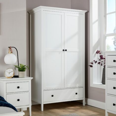2 Door Wardrobe Storage Drawer Clothes Organiser White MDF 180cm Tall Bedroom (1/5)