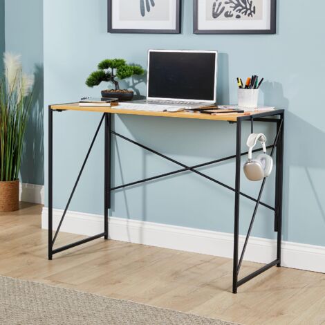 Folding Light Oak Compact Desk Storage Hook Wood Metal Home Office Workstation (1/5)