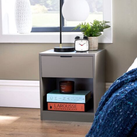 One Drawer Grey Bedside Wooden Table with Storage Drawer Shelf Metal Handles (1/5)