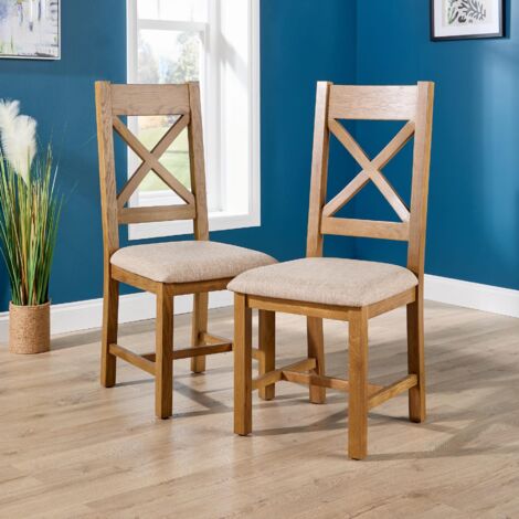 High Cross Backed Dining Chair Beige Wool Seat Solid Oak Legs Home Furniture
