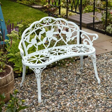 White Cast Iron Garden Bench Metal Frame 2 Seater Patio Chair Outdoor Seating