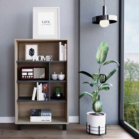 4 Tier Oak Display Bookcase Cabinet With 6 Grey Oak Shelves Living Room Storage