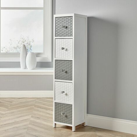 White Wooden Storage Unit 5 Drawer Tall Chest Bedroom Organiser Crystal Handles