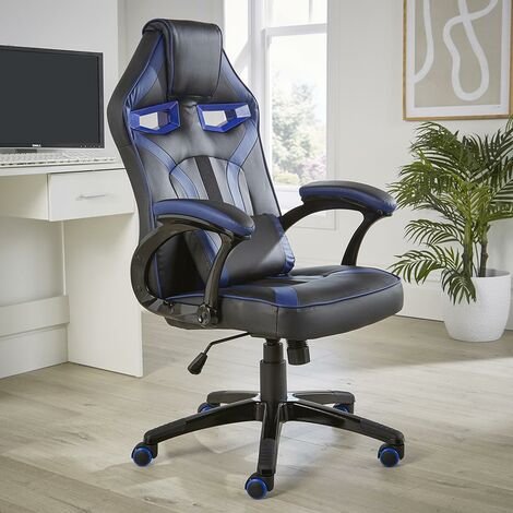 Blue Black Faux Leather Gaming Computer Ergonomic Adjustable Swivel Office Chair