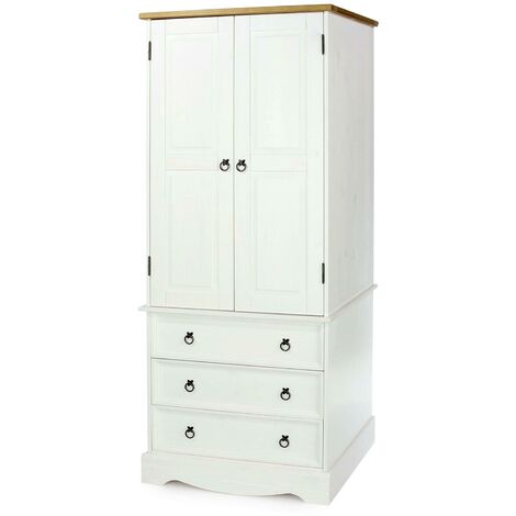 Corona White Solid Pine 2 Door Wardrobe, Pine Wardrobe With Shelves And Drawers