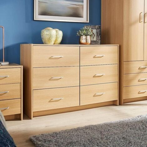 Stratford Wide Chest of 6 Drawers Oak Bedroom Storage Drawers Metal Runners