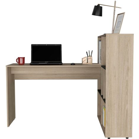 Home Office Corner Desk Workstation With 7 Shelf Bookcase and Grey Oak Top
