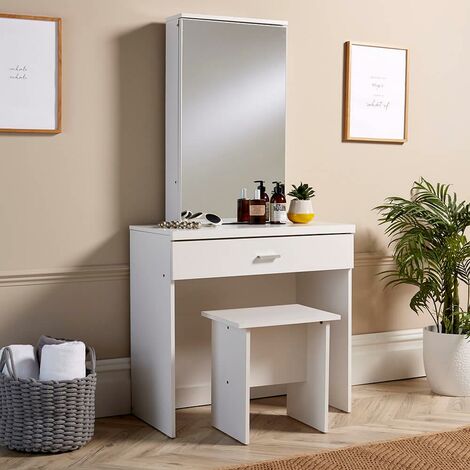 Sliding Storage Vanity Mirror And Stool, Small White Vanity Table With Drawers