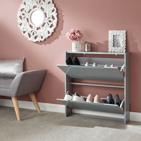 Narrow High Gloss Grey 2 Tier Shoe Cabinet Rack Storage For 6 Pairs of Shoes